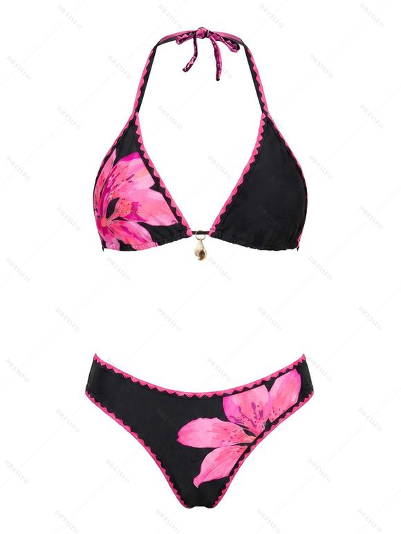 Vacation Bikini Swimsuit Tropical Floral Print Scalloped High Cut Briefs Halter Beach Swimwear Set - Rose Vif XXL | US 14