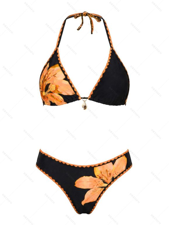 Vacation Bikini Swimsuit Tropical Floral Print Scalloped High Cut Briefs Halter Beach Swimwear Set - Brun Doré M | US 6