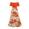 Vacation Dress Tropical Monstera Leaf Print Flounce Off the Shoulder Smocked Slit Dress - Orange M | US 6