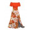 Vacation Dress Tropical Monstera Leaf Print Flounce Off the Shoulder Smocked Slit Dress - Orange L | US 8-10