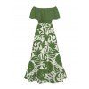 Vacation Dress Botanical Leaf Scroll Silhouette Print Flounce Off the Shoulder Smocked Slit Dress - Vert XL | US 12