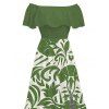 Vacation Dress Botanical Leaf Scroll Silhouette Print Flounce Off the Shoulder Smocked Slit Dress - Vert L | US 8-10