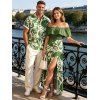 Vacation Couple Outfit Botanical Leaf Scroll Silhouette Print Flounce Off the Shoulder Smocked Slit Dress and Shirt Set