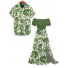 Vacation Couple Outfit Botanical Leaf Scroll Silhouette Print Flounce Off the Shoulder Smocked Slit Dress and Shirt Set - Vert S | US 4