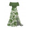 Vacation Couple Outfit Botanical Leaf Scroll Silhouette Print Flounce Off the Shoulder Smocked Slit Dress and Shirt Set - Vert S | US 4