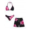 Vacation Couple Outfit Lily Floral Print Scalloped High Cut Briefs Halter Bikini Swimsuit and Beach Shorts Set - Rose S | US 4