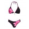 Vacation Bikini Swimsuit Tropical Floral Print Scalloped High Cut Briefs Halter Beach Swimwear Set - Rose Vif XL | US 12