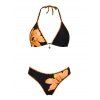 Vacation Bikini Swimsuit Tropical Floral Print Scalloped High Cut Briefs Halter Beach Swimwear Set - Brun Doré L | US 8-10