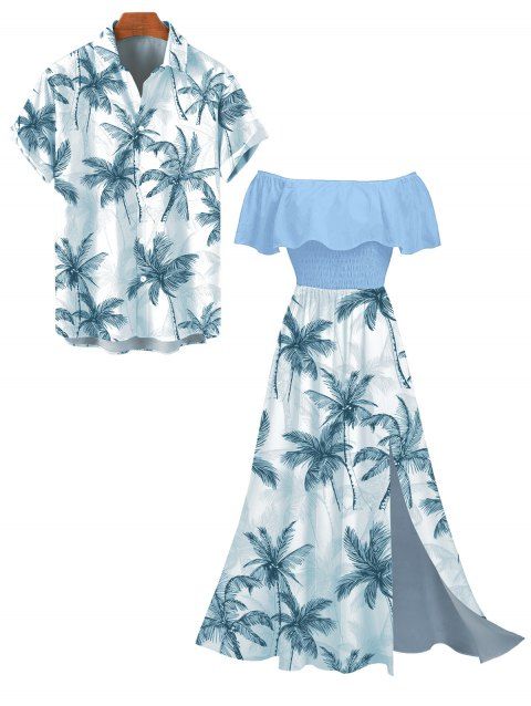 Vacation Couple Outfit Colorblock Coconut Tree Print Flounce Smocked Slit Dress and Shirt Set