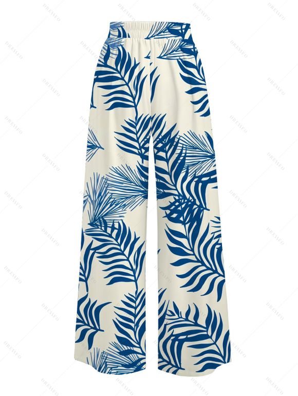 Vacation Pants Tropical Plant Leaf Print Wide Leg Belt Pants - Bleu XXXXXL | US 20