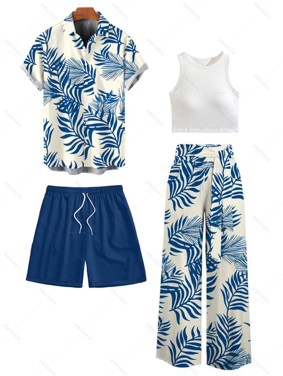 Vacation Couple Outfit Cropped Tank Top Tropical Leaf Print Belt Pants and Shirt Shorts Set - Bleu S | US 4