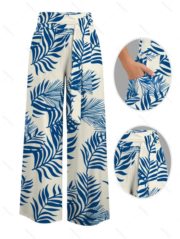 Vacation Couple Outfit Cropped Tank Top Tropical Leaf Print Belt Pants and Shirt Shorts Set - Bleu S | US 4