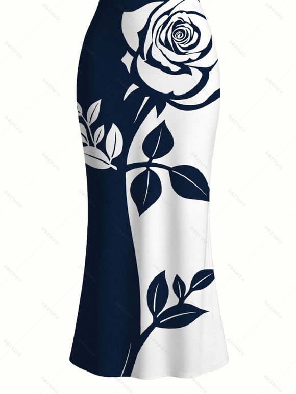 Vacation Dress Contract Color Rose Floral Print Spaghetti Strap Bodycon Dress - Bleu de Minuit XXL | US 14