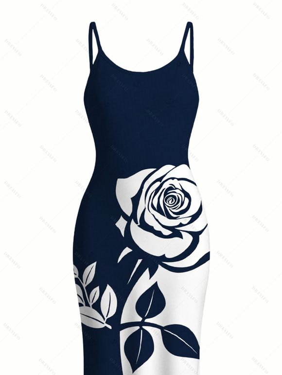 Vacation Dress Contract Color Rose Floral Print Spaghetti Strap Bodycon Dress - Bleu de Minuit XXL | US 14