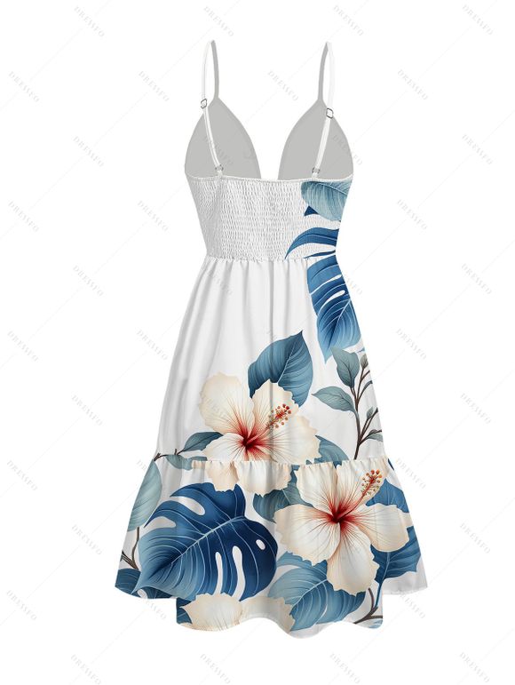 Hawaiian Vacation Dress Tropical Hibiscus Floral Monstera Leaf Print Cut Out Plunging Neck Flowy Dress - Blanc XXL | US 14