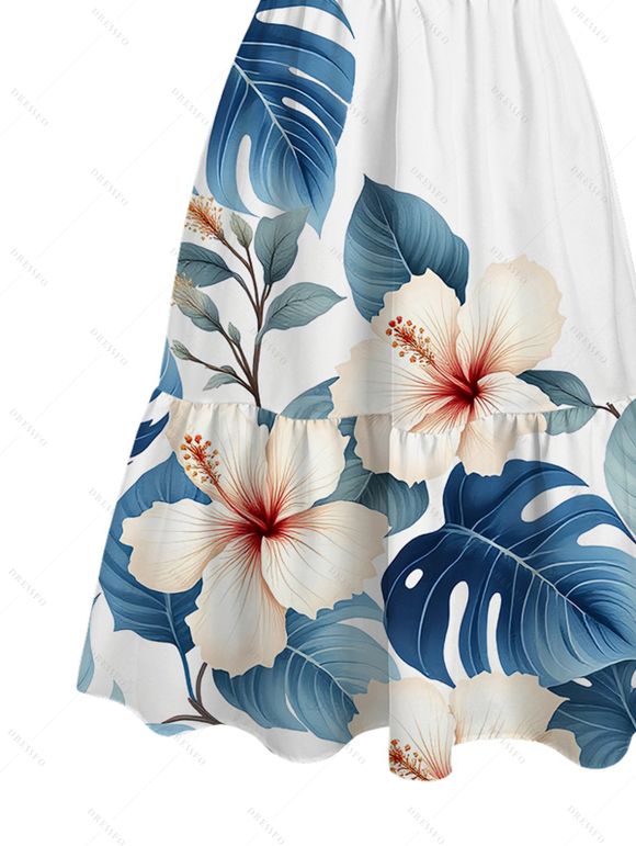 Hawaiian Vacation Dress Tropical Hibiscus Floral Monstera Leaf Print Cut Out Plunging Neck Flowy Dress - Blanc XXL | US 14