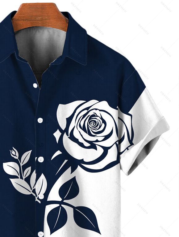 Men's Vacation Shirt Contract Color Rose Floral Print Button Up Shirt - Bleu de Minuit 5XL