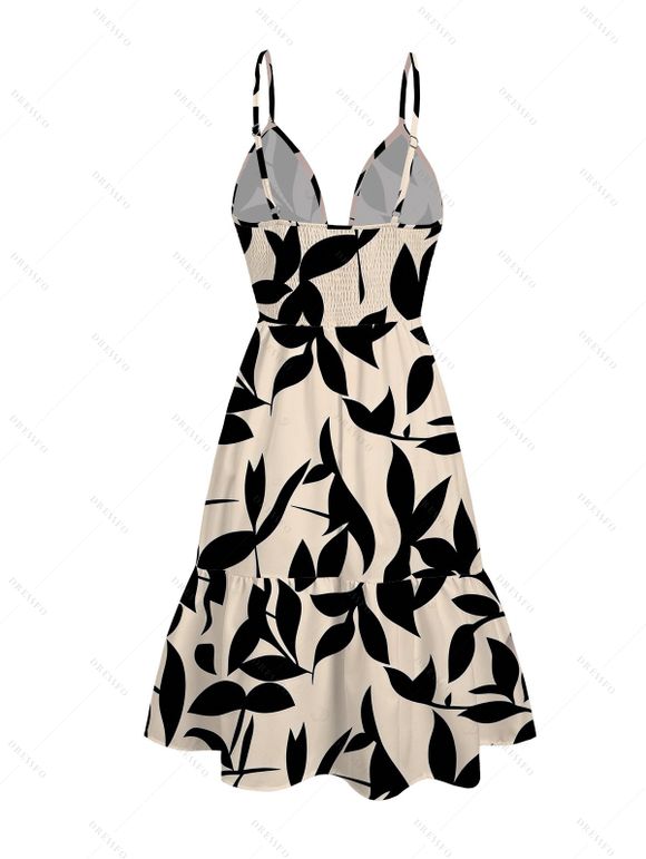 Hawaiian Vacation Dress Leaf Silhouette Patten Cut Out Plunging Neck Flowy Dress - Noir XXL | US 14
