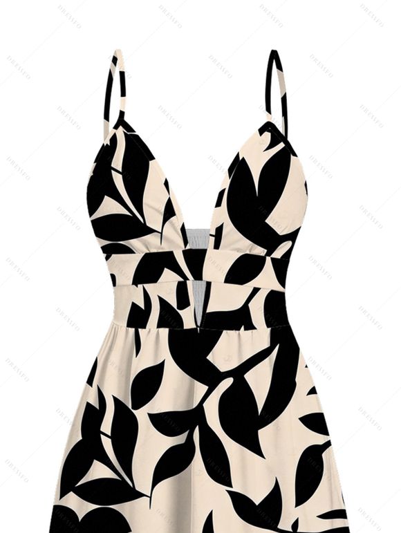 Hawaiian Vacation Dress Leaf Silhouette Patten Cut Out Plunging Neck Flowy Dress - Noir XXL | US 14