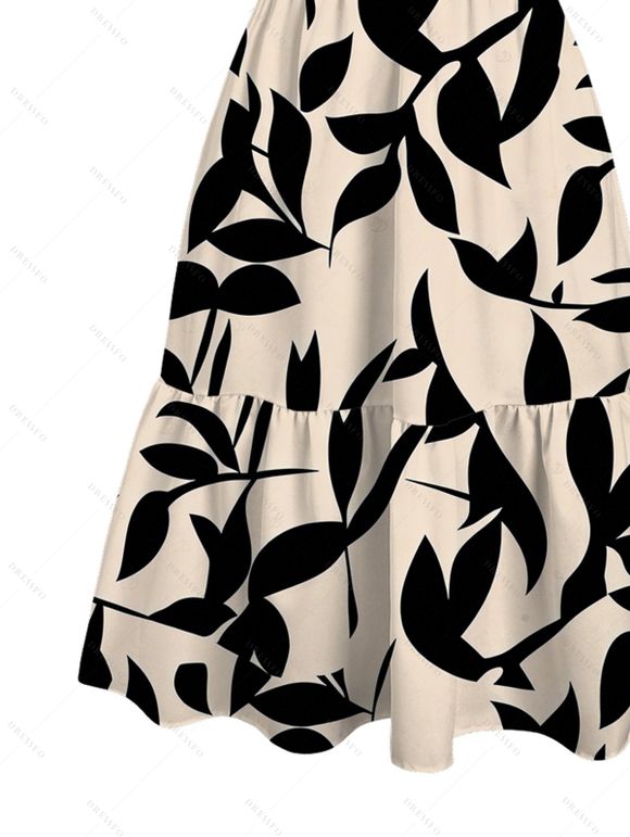 Hawaiian Vacation Dress Leaf Silhouette Patten Cut Out Plunging Neck Flowy Dress - Noir XXL | US 14