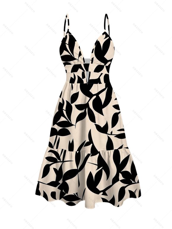 Hawaiian Vacation Couple Outfit Leaf Silhouette Patten Cut Out Plunging Neck Dress and Shirt Set - Noir S | US 4