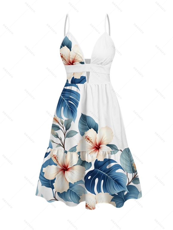 Hawaiian Vacation Couple Outfit Tropical Hibiscus Floral Monstera Leaf Print Cut Out Plunging Neck Dress and Shirt Set - Blanc S | US 4
