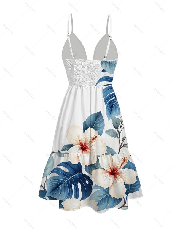 Hawaiian Vacation Couple Outfit Tropical Hibiscus Floral Monstera Leaf Print Cut Out Plunging Neck Dress and Shirt Set - Blanc S | US 4
