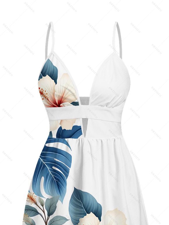 Hawaiian Vacation Couple Outfit Tropical Hibiscus Floral Monstera Leaf Print Cut Out Plunging Neck Dress and Shirt Set - Blanc S | US 4