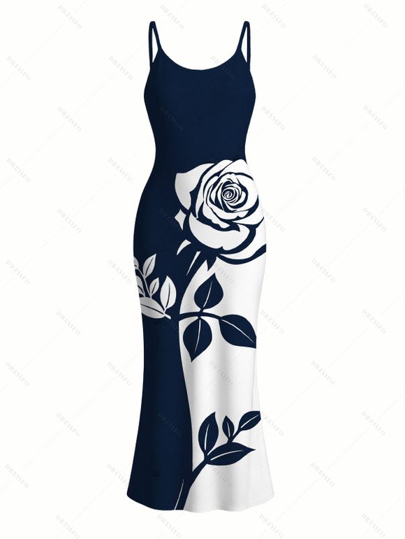 Hawaiian Vacation Couple Outfit Contract Color Rose Floral Print Spaghetti Strap Bodycon Dress and Shirt Set - Bleu de Minuit S | US 4