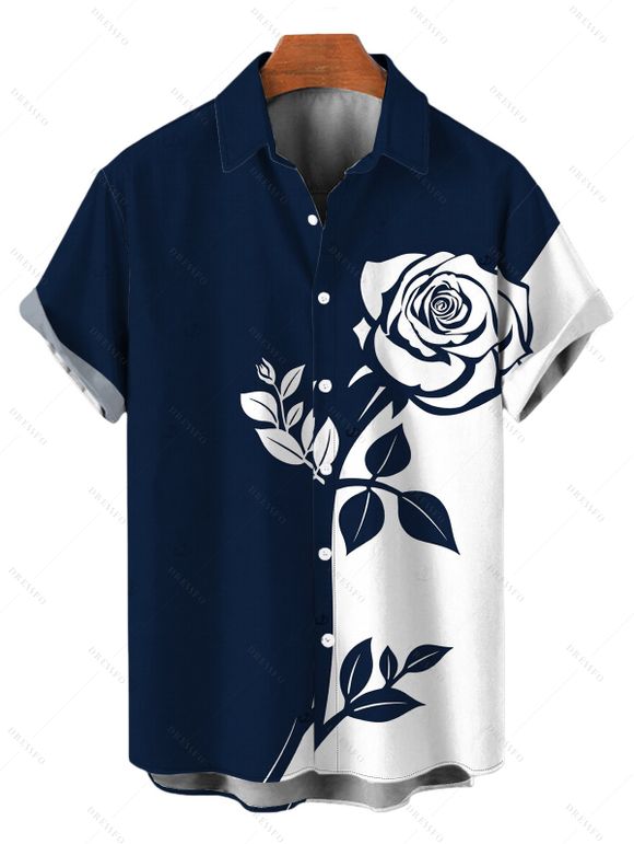 Hawaiian Vacation Couple Outfit Contract Color Rose Floral Print Spaghetti Strap Bodycon Dress and Shirt Set - Bleu de Minuit S | US 4
