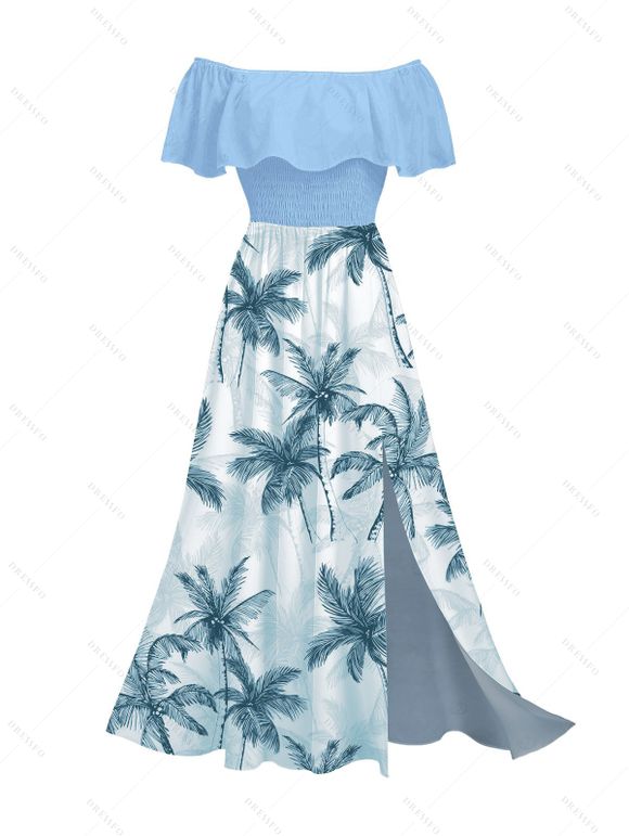 Vacation Couple Outfit Colorblock Coconut Tree Print Flounce Smocked Slit Dress and Shirt Set - Bleu clair S | US 4