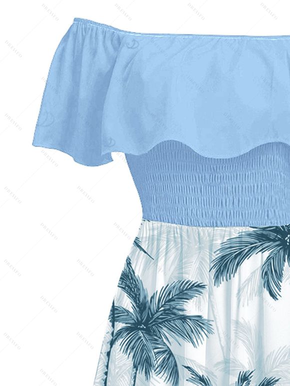 Vacation Couple Outfit Colorblock Coconut Tree Print Flounce Smocked Slit Dress and Shirt Set - Bleu clair S | US 4