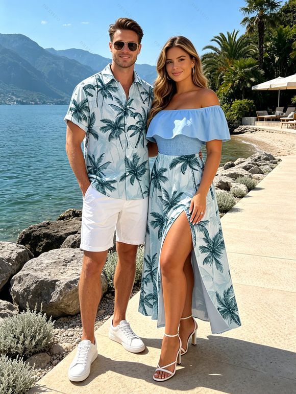 Vacation Couple Outfit Colorblock Coconut Tree Print Flounce Smocked Slit Dress and Shirt Set - Bleu clair S | US 4