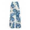 Vacation Pants Tropical Plant Leaf Print Wide Leg Belt Pants - Bleu XXXL | US 16