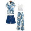 Vacation Couple Outfit Cropped Tank Top Tropical Leaf Print Belt Pants and Shirt Shorts Set - Bleu S | US 4
