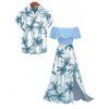 Vacation Couple Outfit Colorblock Coconut Tree Print Flounce Smocked Slit Dress and Shirt Set - Bleu clair S | US 4