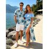Vacation Couple Outfit Colorblock Coconut Tree Print Flounce Smocked Slit Dress and Shirt Set - Bleu clair S | US 4