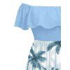 Vacation Dress Colorblock Coconut Tree Print Flounce Off the Shoulder Smocked Slit Dress - Bleu clair XXL | US 14