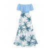 Vacation Dress Colorblock Coconut Tree Print Flounce Off the Shoulder Smocked Slit Dress - Bleu clair XXL | US 14