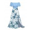 Vacation Dress Colorblock Coconut Tree Print Flounce Off the Shoulder Smocked Slit Dress - Bleu clair XXL | US 14