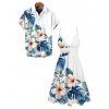 Hawaiian Vacation Couple Outfit Tropical Hibiscus Floral Monstera Leaf Print Cut Out Plunging Neck Dress and Shirt Set - Blanc S | US 4