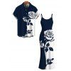 Hawaiian Vacation Couple Outfit Contract Color Rose Floral Print Spaghetti Strap Bodycon Dress and Shirt Set - MIDNIGHT BLUE S | US 4