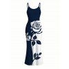 Vacation Dress Contract Color Rose Floral Print Spaghetti Strap Bodycon Dress - Bleu de Minuit M | US 6