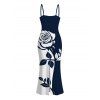 Vacation Dress Contract Color Rose Floral Print Spaghetti Strap Bodycon Dress - Bleu de Minuit XL | US 12
