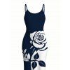 Vacation Dress Contract Color Rose Floral Print Spaghetti Strap Bodycon Dress - Bleu de Minuit L | US 8-10