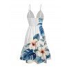 Hawaiian Vacation Dress Tropical Hibiscus Floral Monstera Leaf Print Cut Out Plunging Neck Flowy Dress - Blanc XXL | US 14
