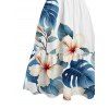 Hawaiian Vacation Dress Tropical Hibiscus Floral Monstera Leaf Print Cut Out Plunging Neck Flowy Dress - Blanc XXL | US 14