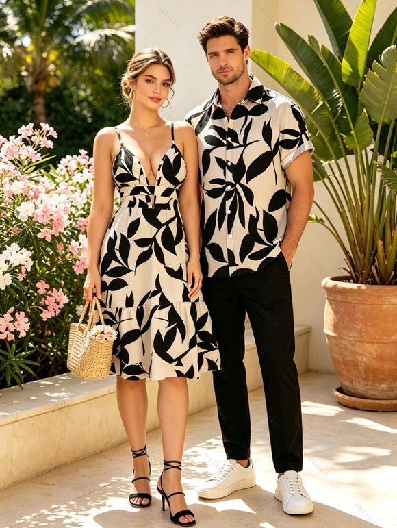 Hawaiian Vacation Couple Outfit Leaf Silhouette Patten Cut Out Plunging Neck Dress and Shirt Set - Noir S | US 4
