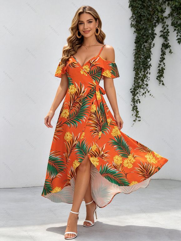 Hawaiian Vacation Couple Outfit Tropical Flower Leaf Print Self-belt Cold Shoulder High Low Dress and Shirt Set - Orange vif S | US 4