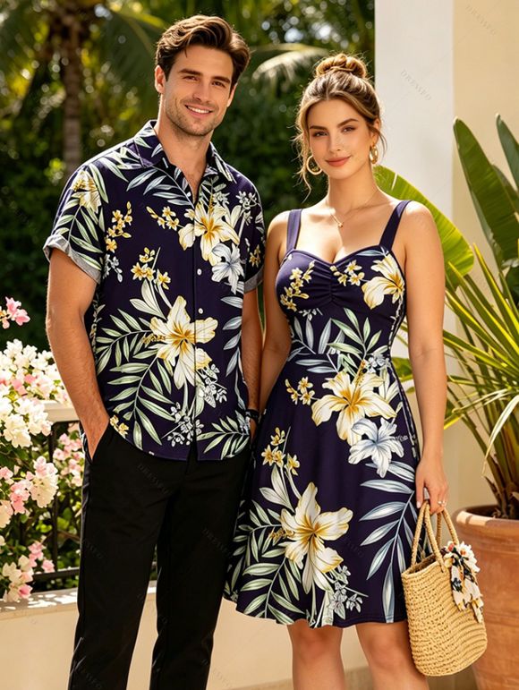 Vacation Couple Outfit Flower Leaf Print Ruched Dress and Shirt Set - Bleu de Minuit S | US 4